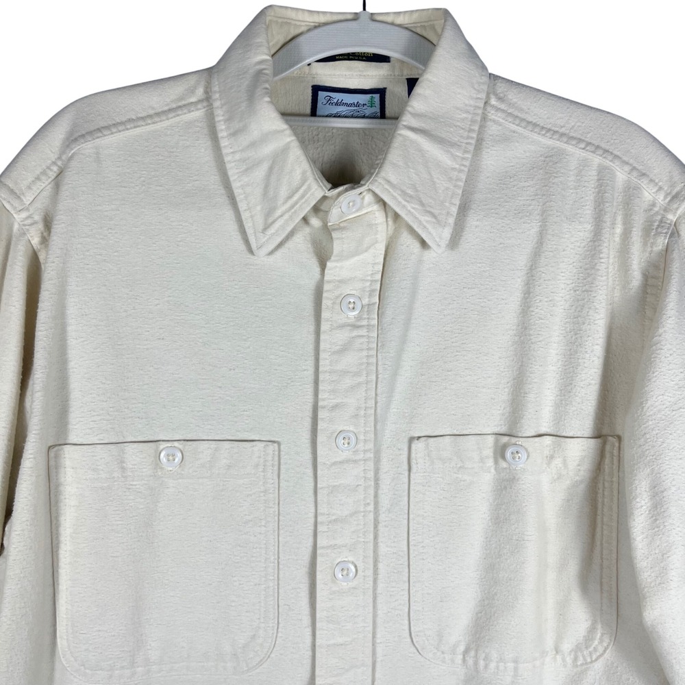 Vintage Fieldmaster Button Up Shirt Men L Cream 100% Cotton Made In USA Workwear